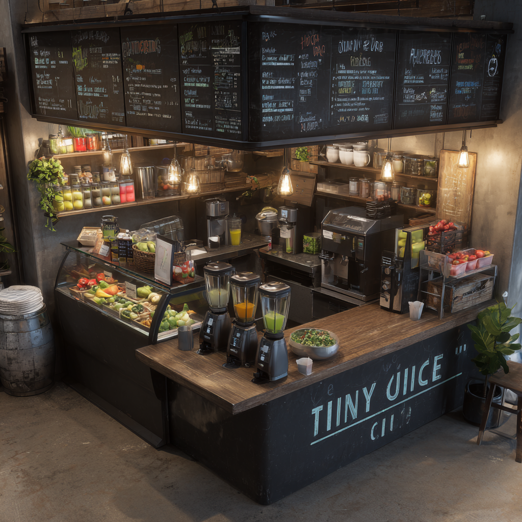 Dark cafe bar with chalkboards, blenders, and glass jars.