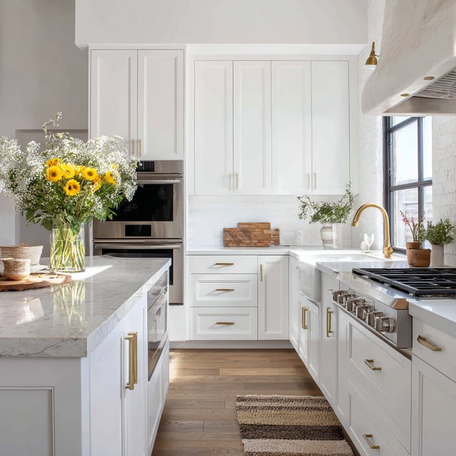 Modern white kitchen with brass hardware and marble tops.