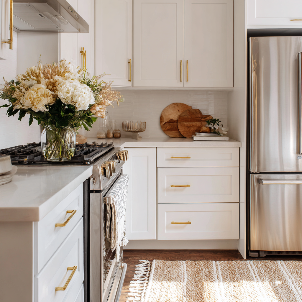 Transitional kitchen with white cabinets and brass hardware.