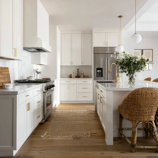 Bright kitchen with white cabinets and woven bar stools.