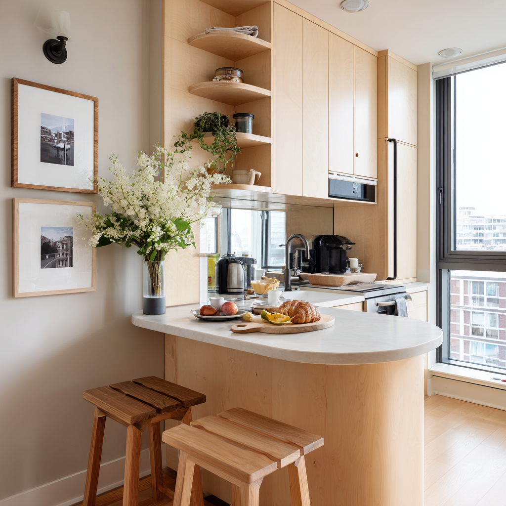 Compact studio kitchen with a rounded wood island and stools.