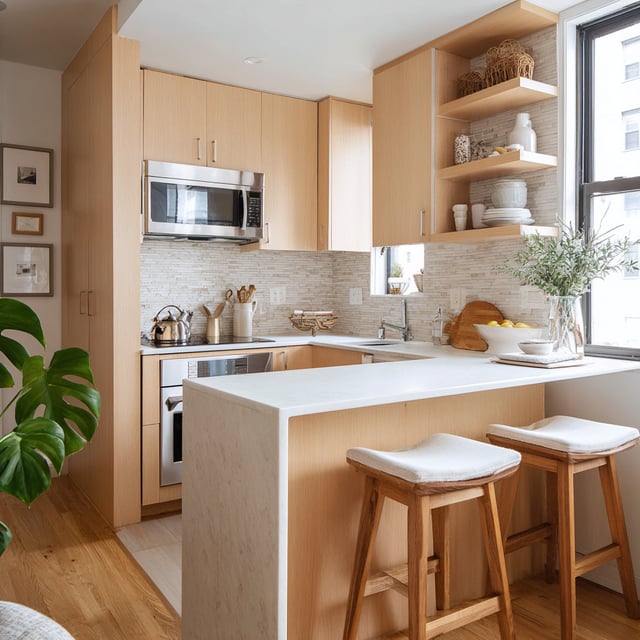 Light wood kitchen with a white breakfast bar and stools.