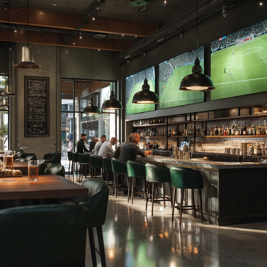 Modern sports bar with green stools, black lights, and TVs.