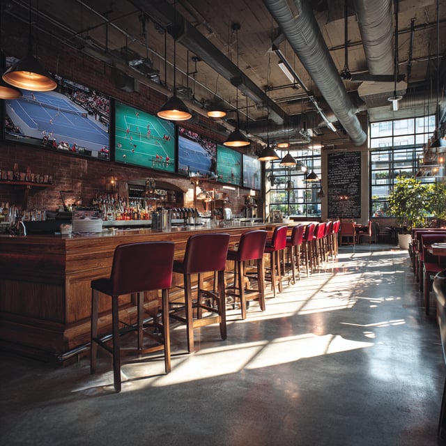 Modern sports bar with brick walls and many TV screens.