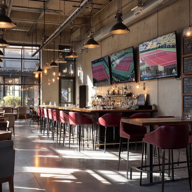 A sunlit bar with red stools and TVs showing tennis.