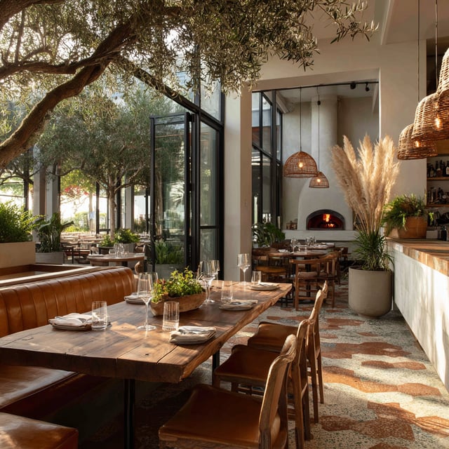 Upscale restaurant dining area with a wood-fired oven and outdoor seating.