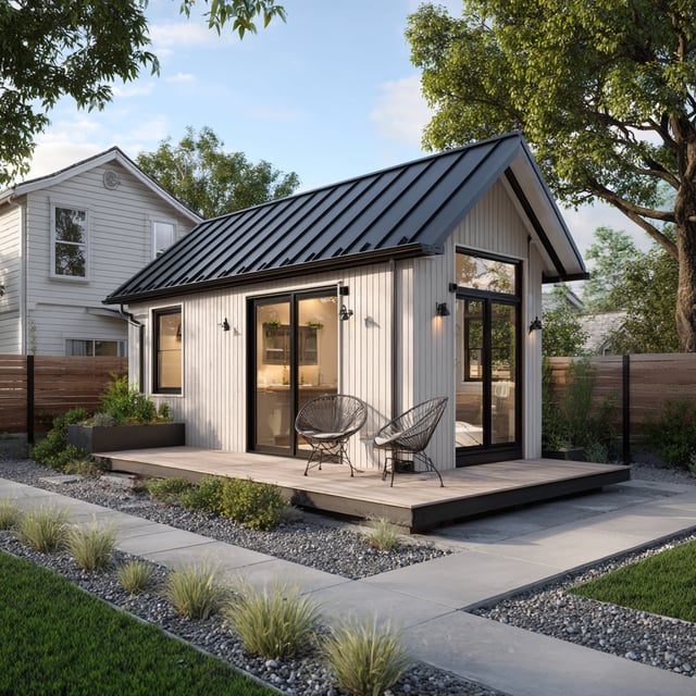 A modern white tiny house with a black metal roof and a wooden deck sits in a suburban backyard, adjacent to a larger, light-colored house.