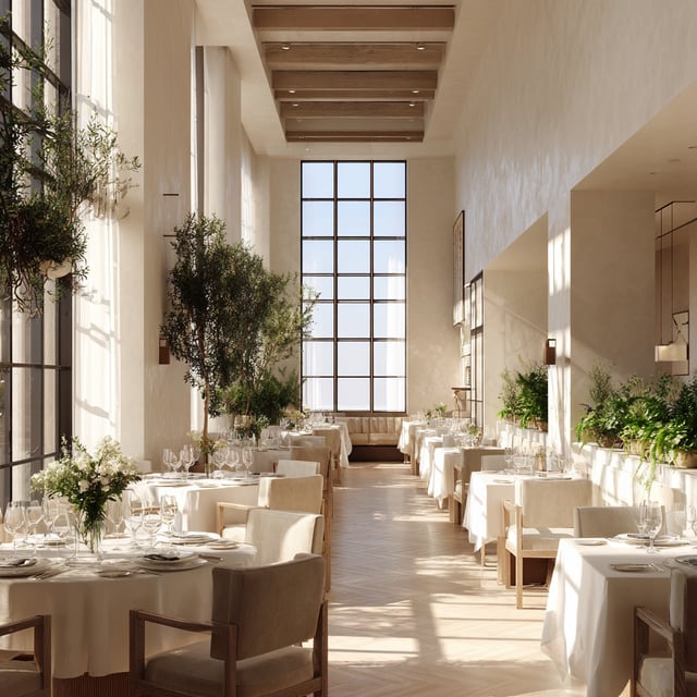 Upscale restaurant with white tables, high ceilings, and sun.