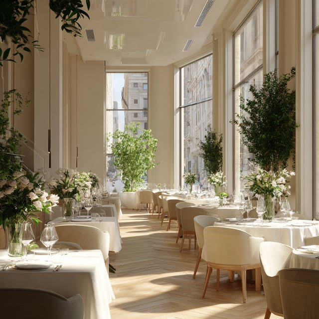 A bright, upscale restaurant dining room with large windows, white linen tables, and lush indoor plants.