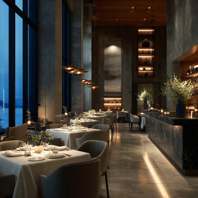 An upscale fine-dining restaurant with floor-to-ceiling windows overlooking a nighttime view of the water and elegantly set tables with ambient lighting.
