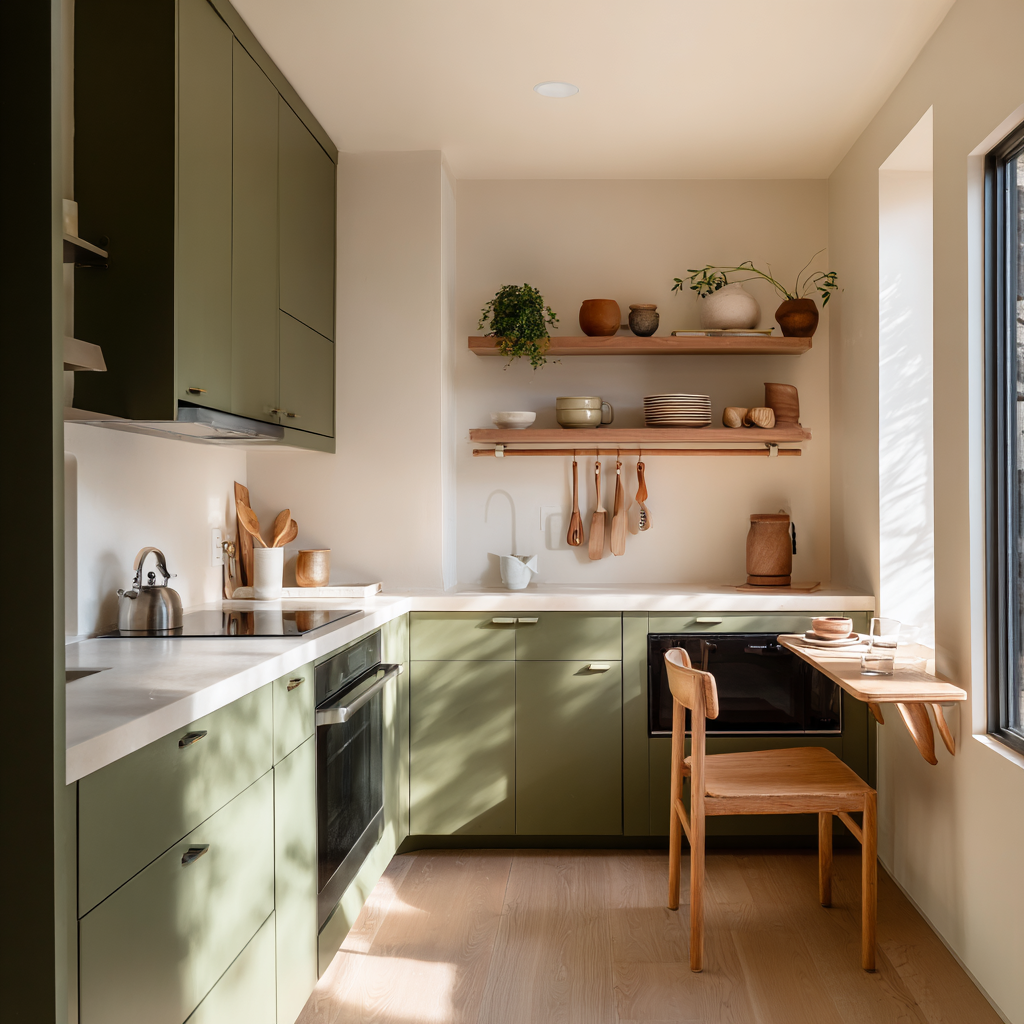 Olive green kitchen with wood shelves and a folding table.