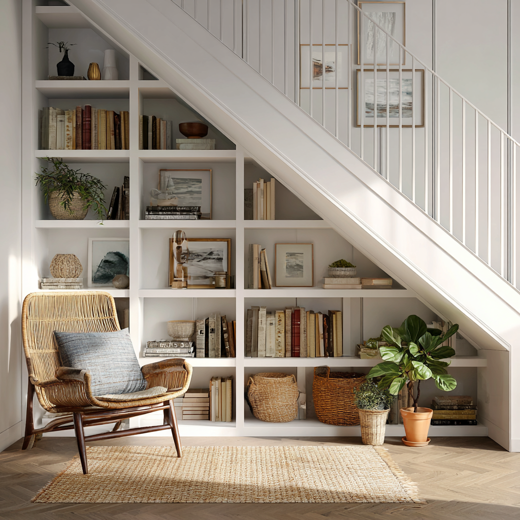 Under-stair built-in white bookshelves with clean shaker-style lines, styled with neutral-toned books, framed coastal art, woven wicker baskets, potted greenery, a rattan lounge chair, light oak herringbone floors, and a calm Scandinavian coastal design aesthetic.