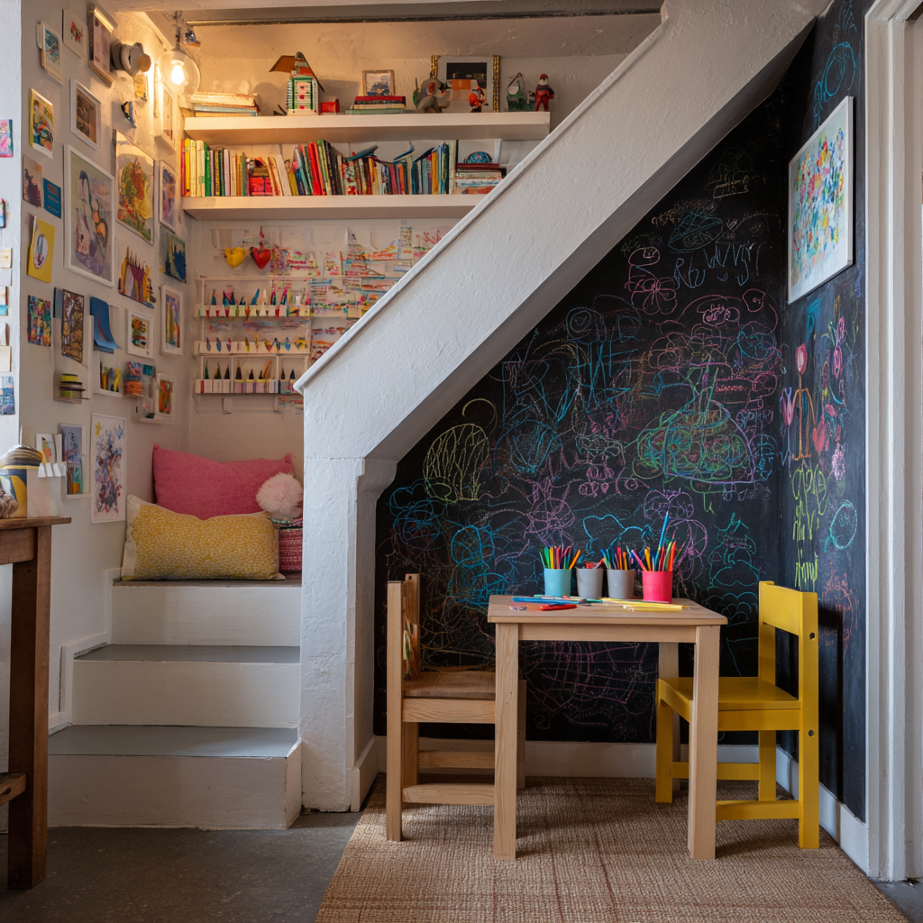 Cozy under-stairs kids’ art nook with a black chalkboard wall covered in colorful chalk doodles, white built-in shelves filled with books and crafts, light wood table and chairs, bright yellow accents, and a playful eclectic design style.