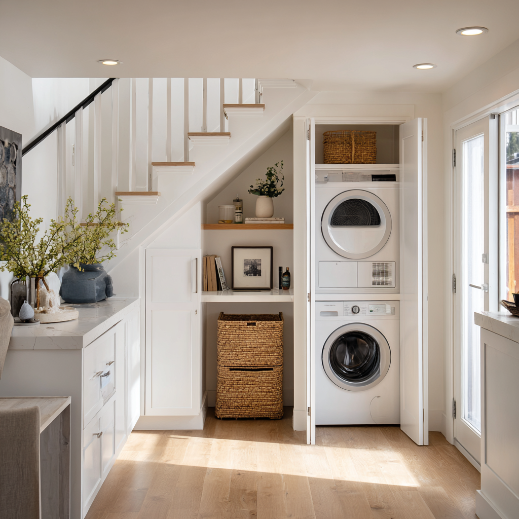 Bright under-stair laundry nook with white shaker-style cabinetry, stacked washer and dryer behind paneled doors, open shelving with woven baskets and decor, light oak wood floors, recessed lighting, and a clean modern farmhouse design.