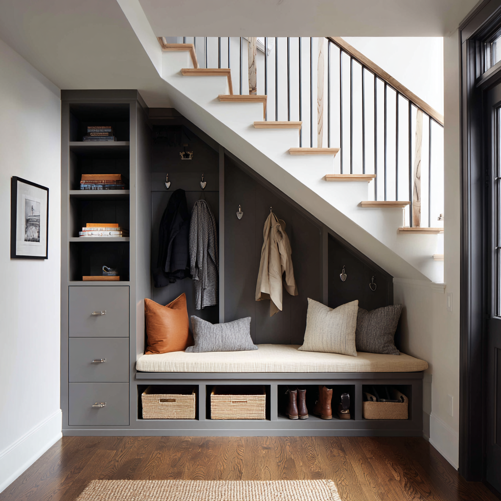 Modern under-stair mudroom with charcoal gray built-in lockers, a cushioned bench in warm beige, woven basket storage, matte black hooks, light oak stair treads, vertical black balusters, and a clean Scandinavian-inspired design.
