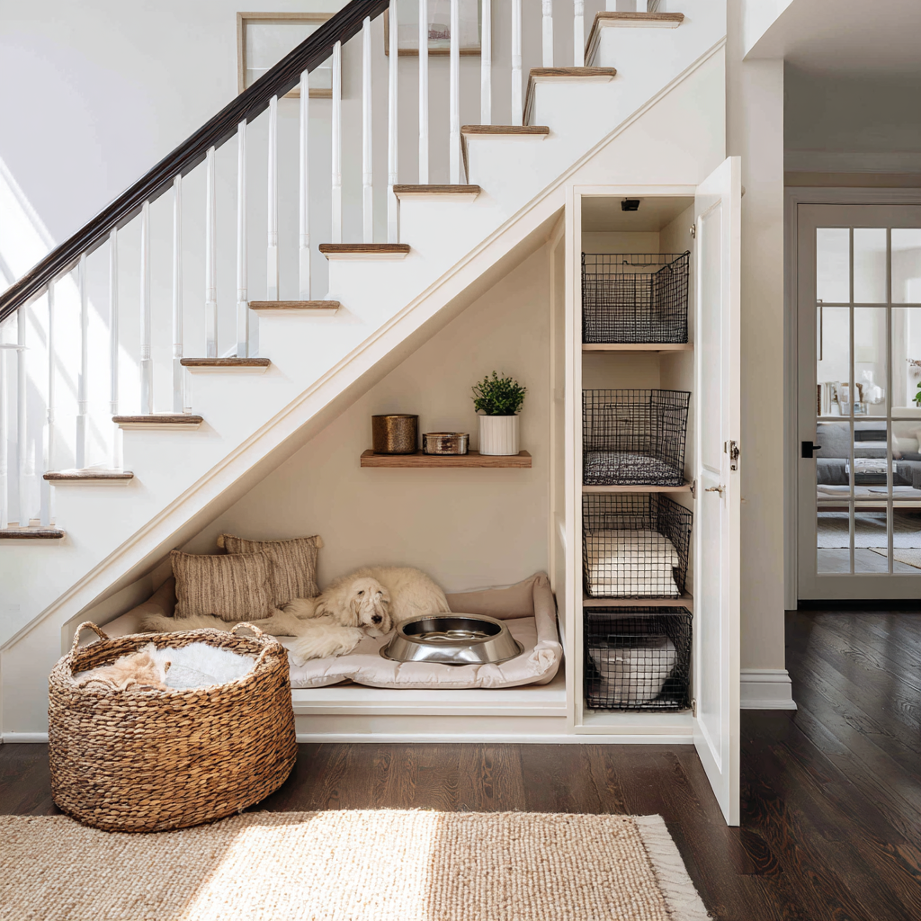 Cozy under-stair pet nook with white built-in cabinetry, light oak stair treads, soft beige dog bed and pillows, woven wicker basket, wire storage bins, and warm neutral tones in a modern farmhouse style.