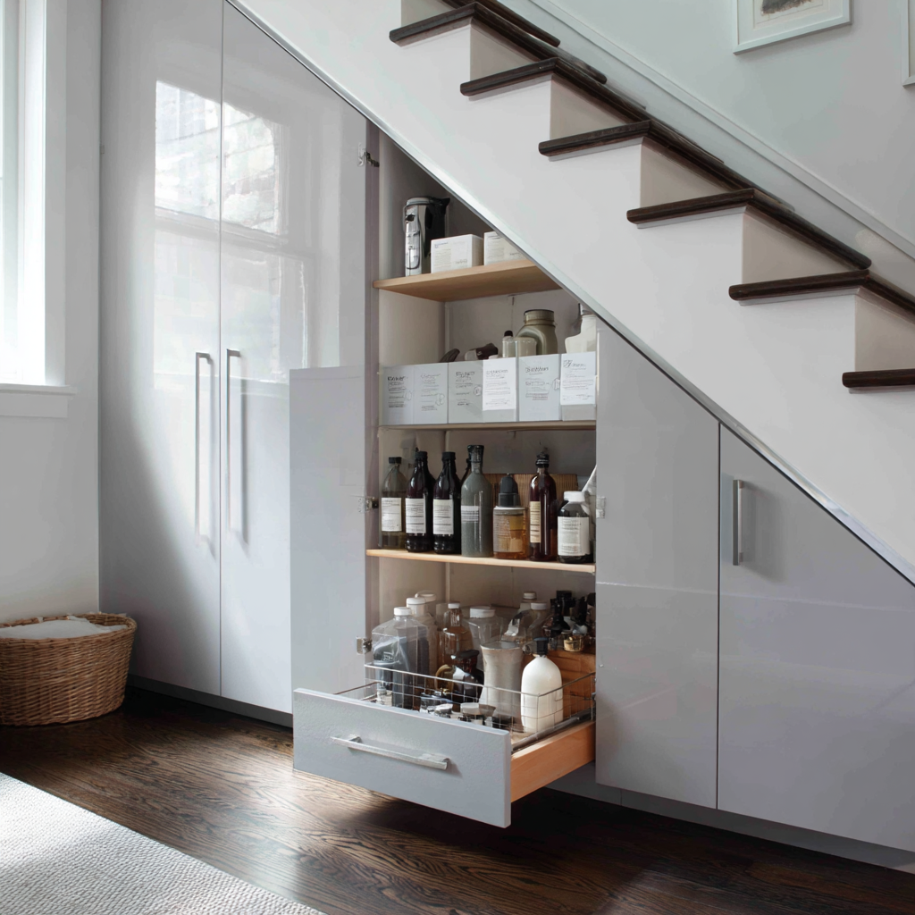 Under-stair pull-out storage cabinet with glossy light-gray flat-panel doors, warm wood interior shelving, integrated drawer organizer, dark-stained wood floors, and a clean modern minimalist design.