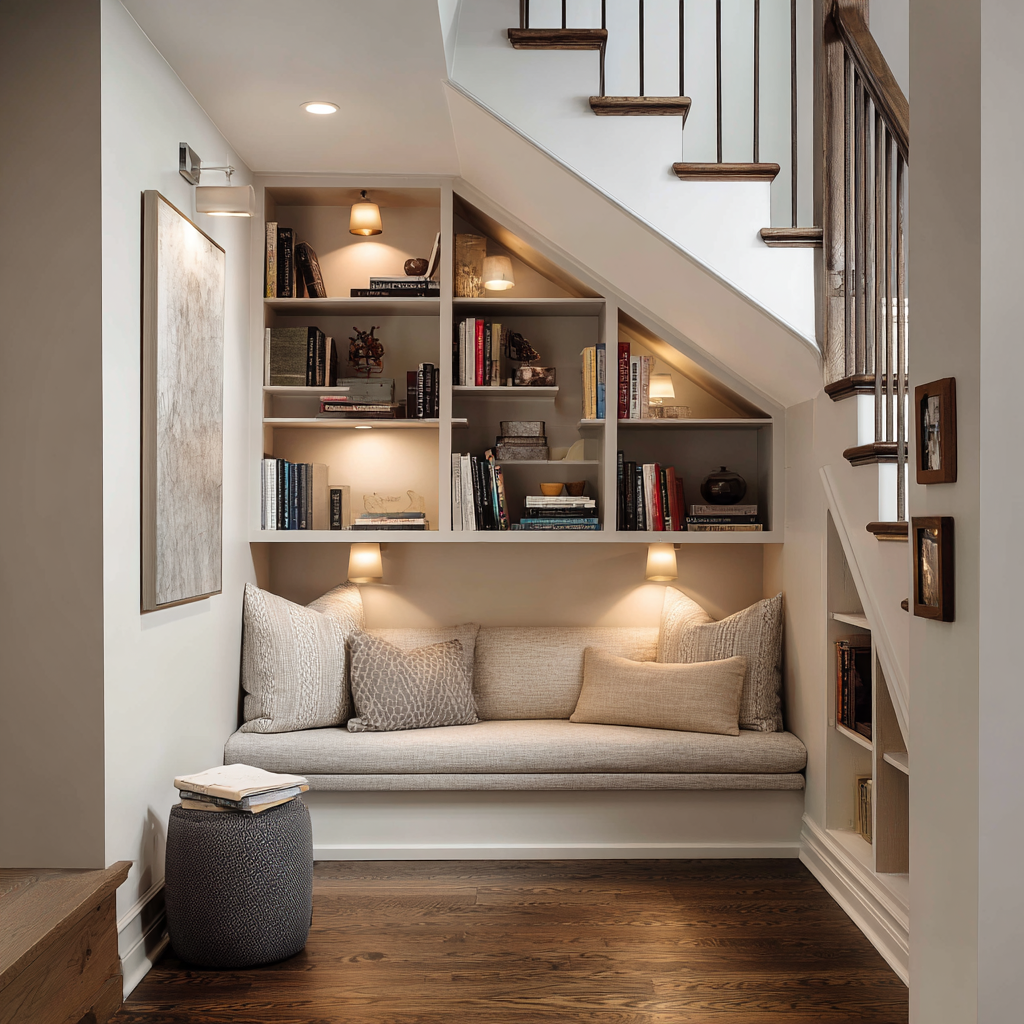 Cozy transitional under-stair reading nook with built-in white shelving, soft beige upholstered bench, textured neutral throw pillows, warm recessed and sconce lighting, dark wood stair treads, and rich medium-brown hardwood flooring.