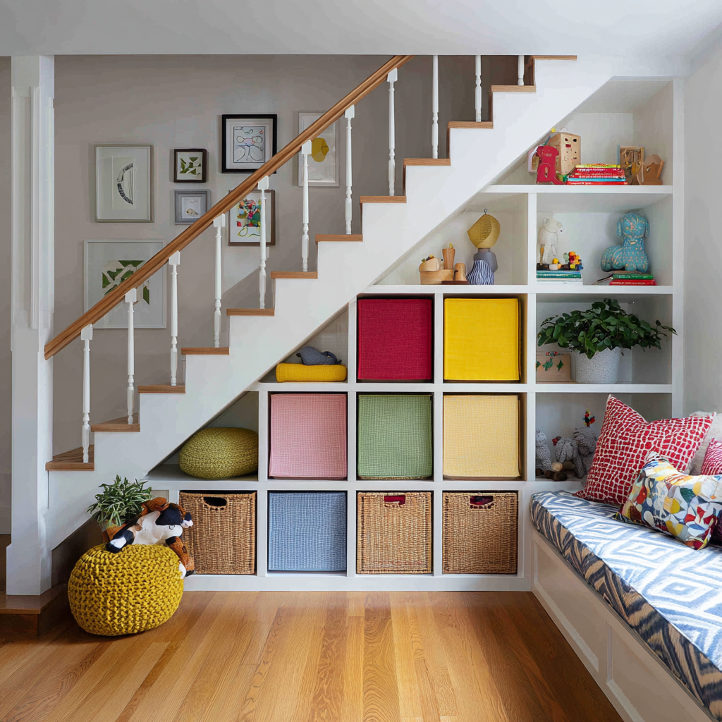 Under-stair built-in cubby storage with white shaker-style shelving, colorful fabric bins in red, yellow, pink, green, and blue, woven wicker baskets, warm oak stair treads and floors, playful kids’ décor, and a cozy Scandinavian-inspired family-friendly design.