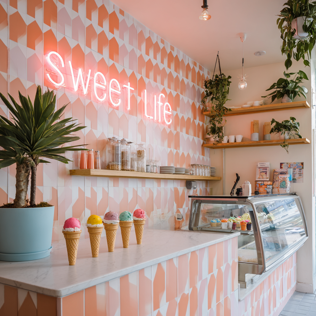 Neon "Sweet Life" sign glows over cones on a marble counter.