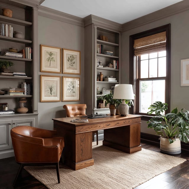 Classic home office with a wood desk and leather chairs.