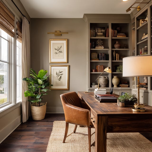 Elegant home office with dark floors, wood desk, and books.