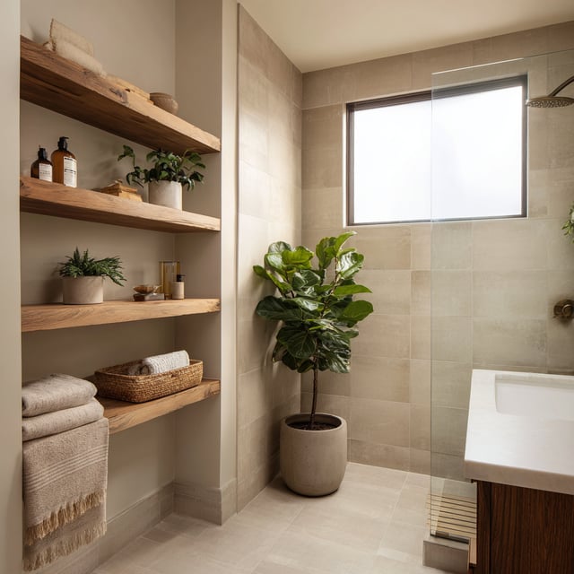 Warm, earthy bathroom with wood shelves and lush greenery.