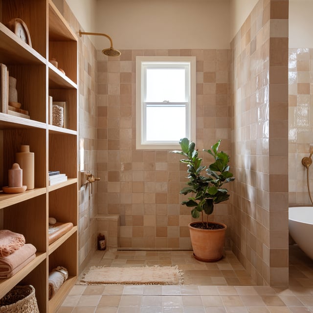 Warm earthy bathroom with tan tiles and a wooden shelf.