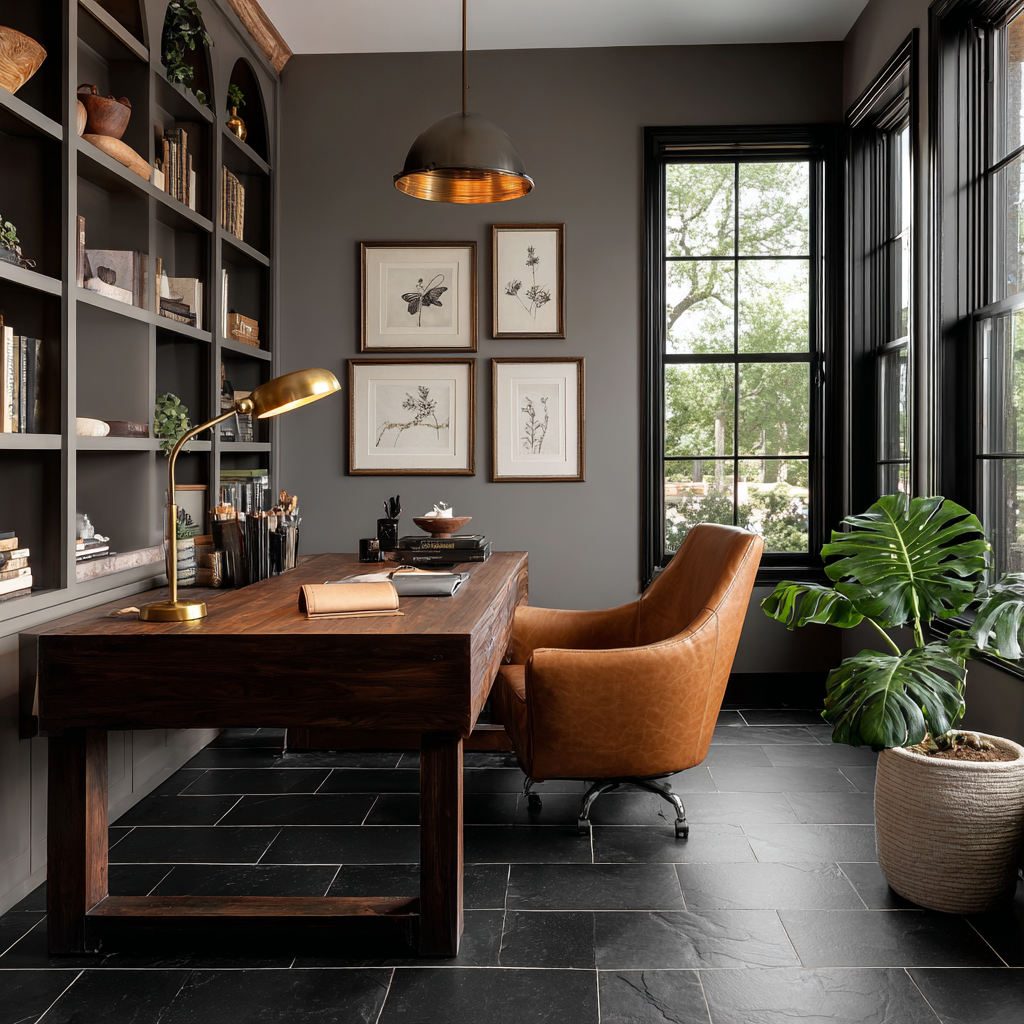 Vibrant blue and peach bathroom with round mirrors and neon.