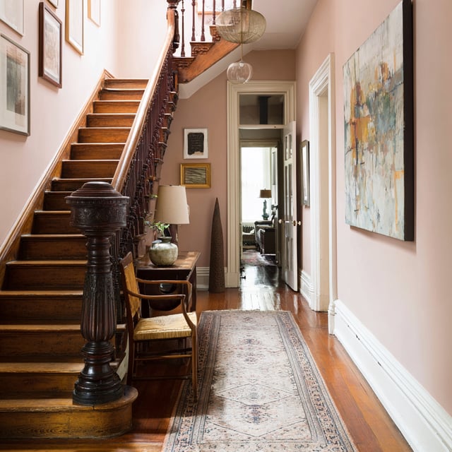 A welcoming foyer with blush pink walls, dark wood flooring, and a traditional dark oak staircase next to a console table with a lamp and a woven chair, all leading down a long hallway with a patterned runner rug.