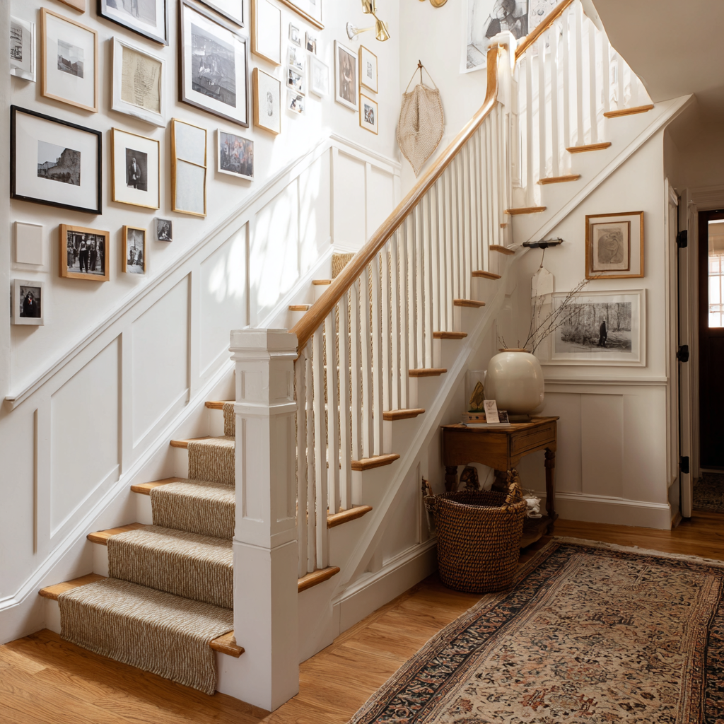 A bright traditional entryway features a white L-shaped staircase with a natural wood handrail and newel post, a striped carpet runner, a gallery wall of framed art, and a patterned area rug on a wood floor.-9124-4fa2-99e8-8cf405979091_2