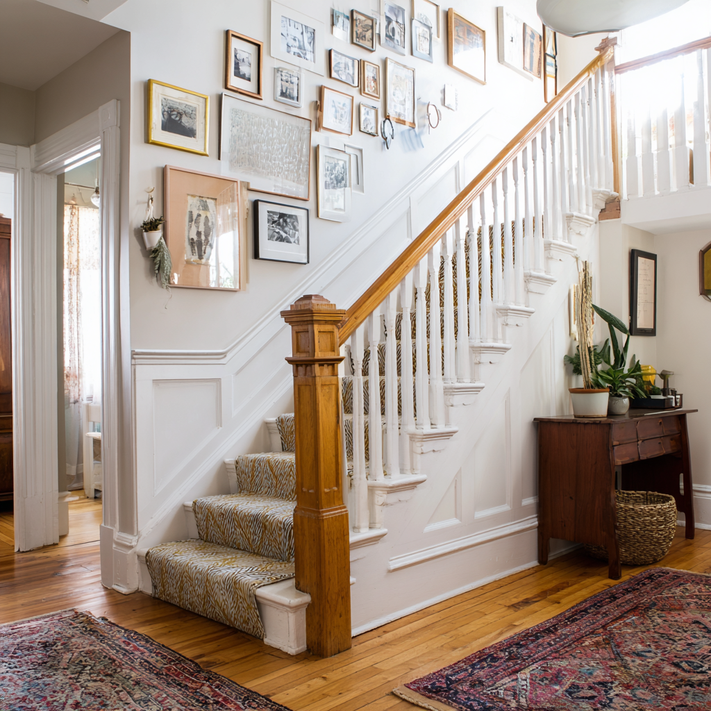 A bright entryway features a white L-shaped staircase with a natural wood newel post and handrail, a gold patterned carpet runner, a gallery wall of framed art, and two patterned area rugs on a wood floor.