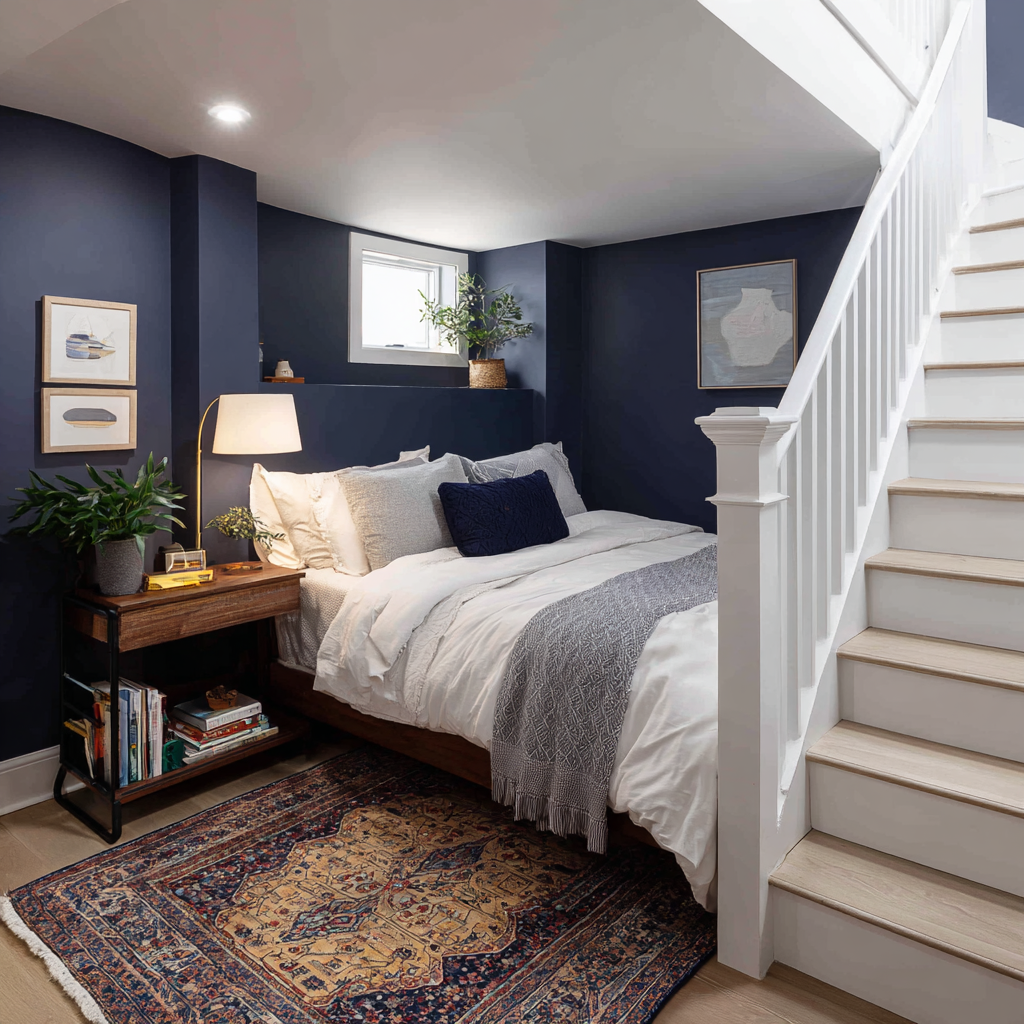 navy blue basement bedroom tucked beside a staircase