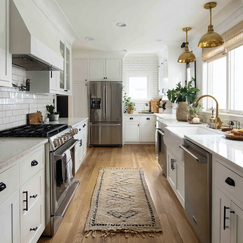 A modern transitional kitchen with white shaker cabinets.