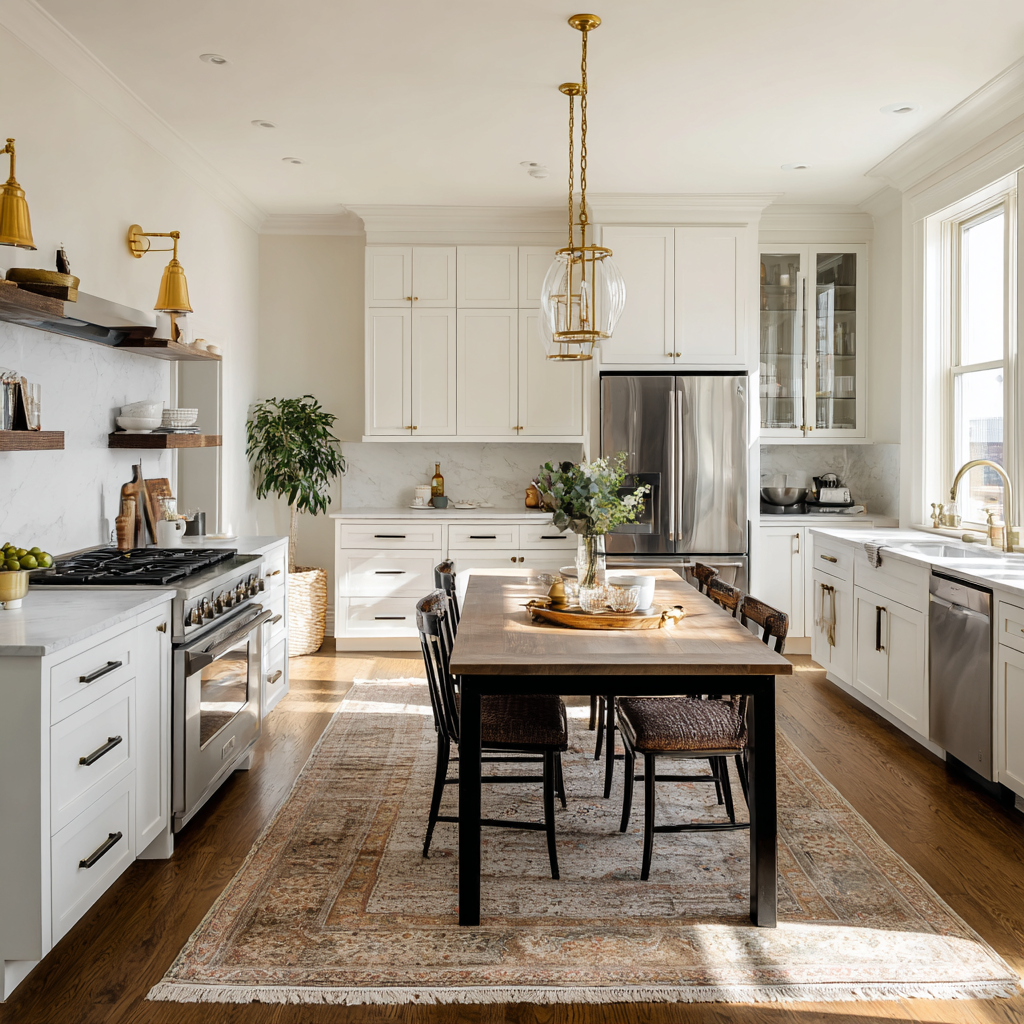 A white kitchen with brass accents and wood floors.