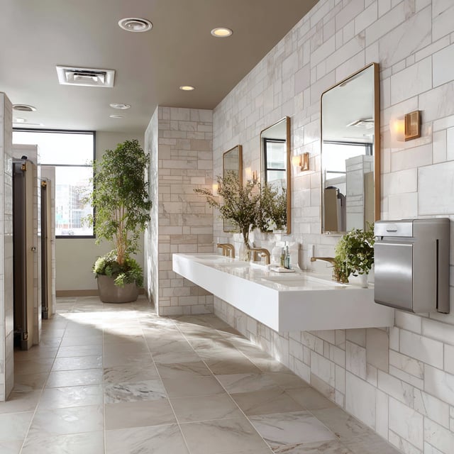  Modern, marble-tiled restroom with gold fixtures and plants.