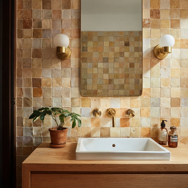 Zellige tile wall with oak vanity, brass faucet, and globes.