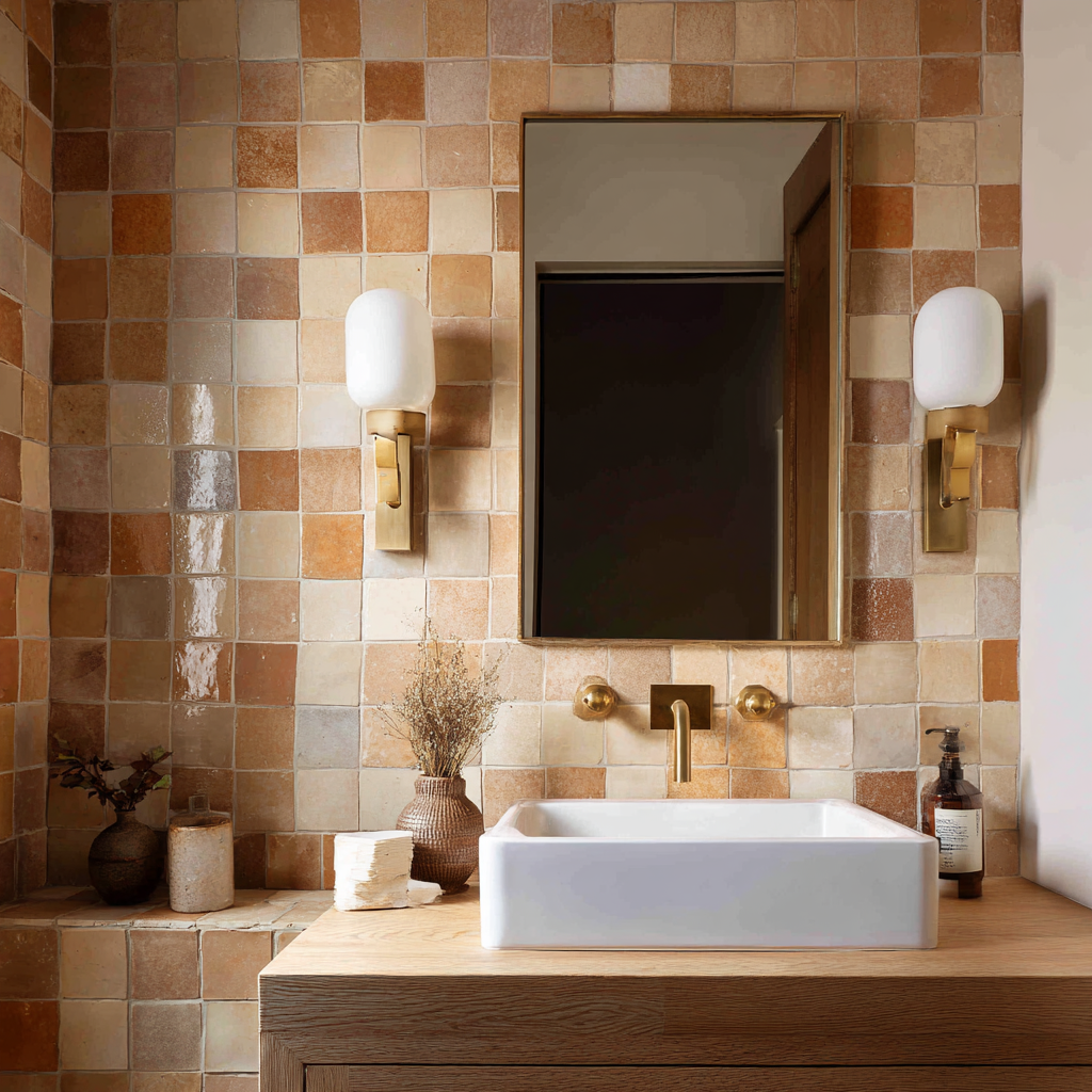 Earthy zellige tiles and brass fixtures in a powder room.