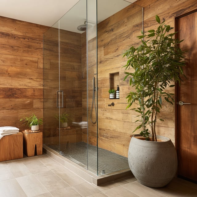 Zen shower with wood-look porcelain tile and potted plant.