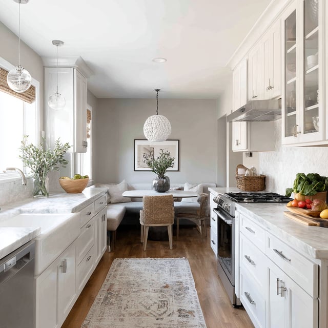 A bright, transitional kitchen features white shaker cabinets, marble countertops, an apron-front sink, and a cozy built-in banquette dining area at the far end.