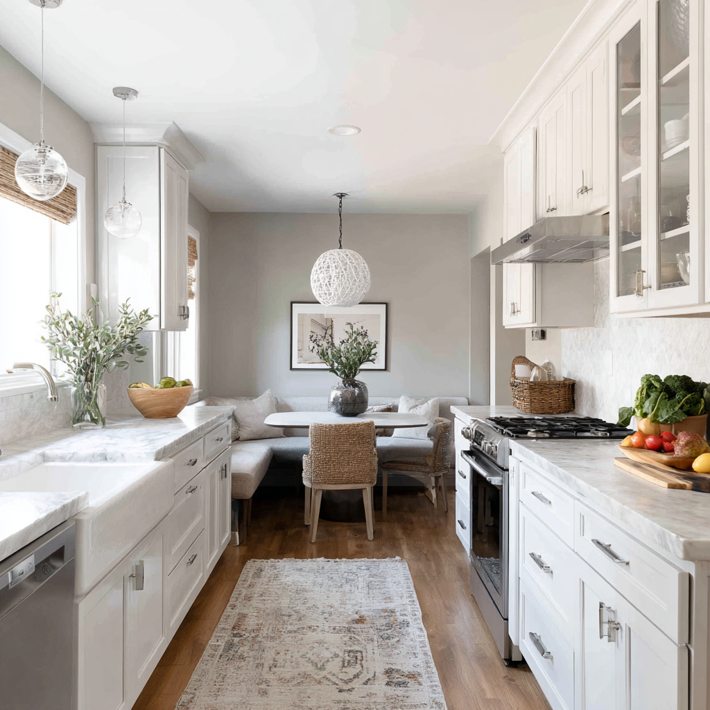 A bright, airy transitional kitchen with white shaker cabinetry, marble countertops, glass pendant lighting, a cozy banquette dining nook, stainless steel appliances, natural textures, and warm wood flooring with a soft patterned runner.