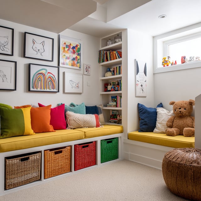 Colorful basement playroom with bright art and yellow bench.