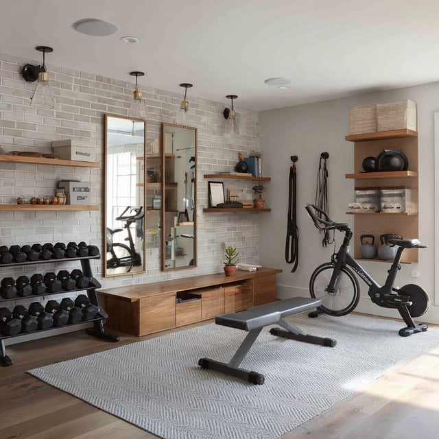 Modern basement home gym with brick wall and exercise bike.
