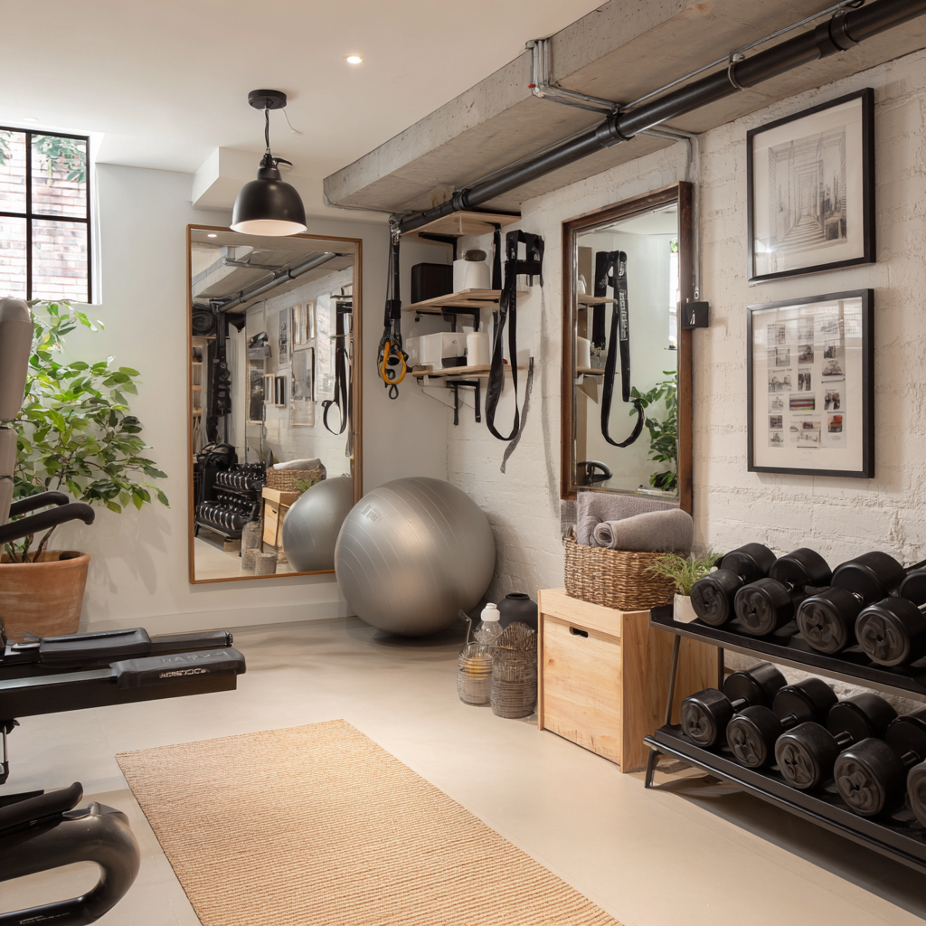 Compact basement home gym with an industrial feel, featuring wall-mounted workout equipment, free weights, mirrors, stability balls, and warm wood accents—clean, functional, and motivating for daily workouts.