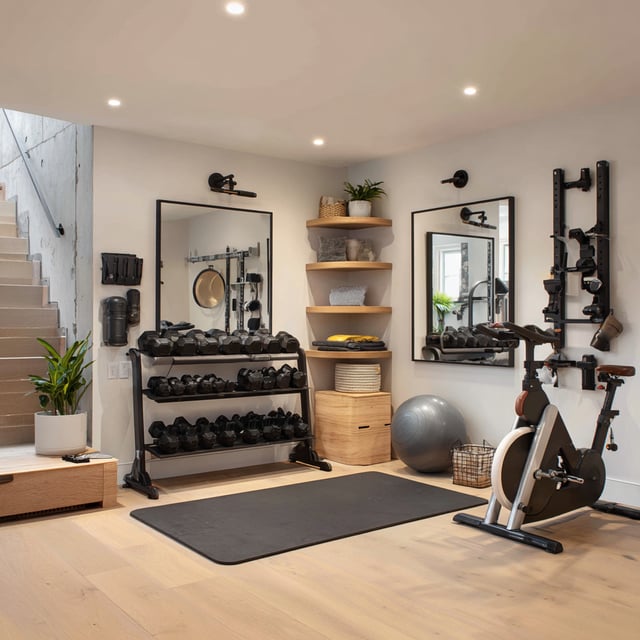 Basement with gym equipment, light wood flooring, and white walls.
