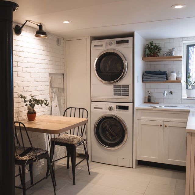 A compact basement room features a small dining table with black chairs, a stacked washer and dryer, white cabinets with a sink, and open wooden shelving against a white brick wall.