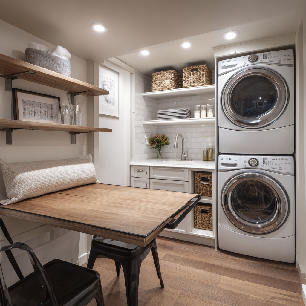 Compact basement laundry room with stacked washer and dryer, white cabinetry, open wood shelves with baskets, a small sink, and a fold-down worktable under recessed lighting.