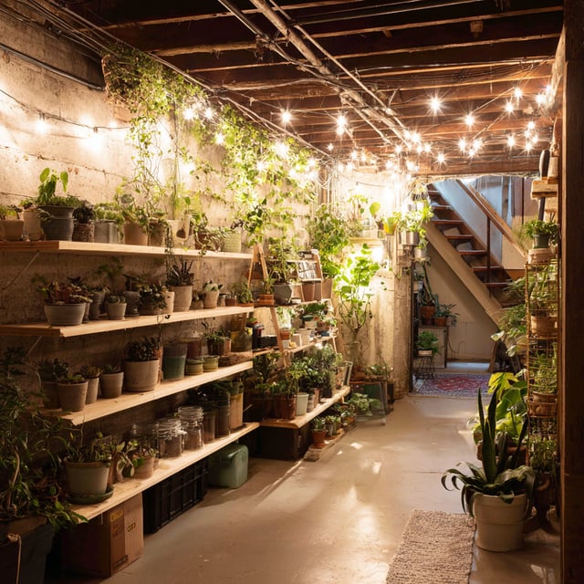A cozy, well-lit basement is transformed into an indoor garden with tiered wooden shelves holding numerous potted plants, illuminated by string lights and featuring exposed ceiling joists and a stairway leading up in the background.