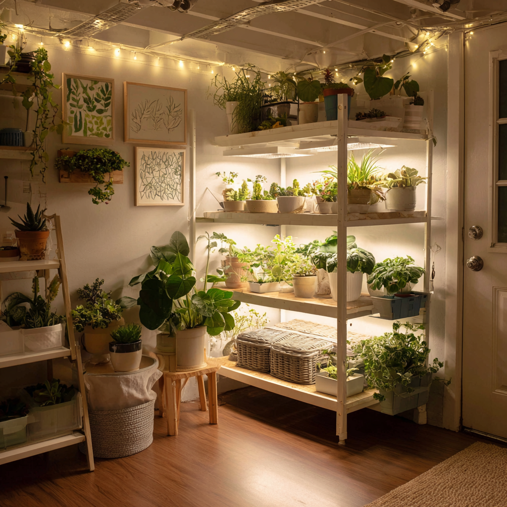 Cozy basement indoor garden with tiered shelving full of potted plants, warm grow lights, string lights, framed botanical art, and wood flooring.