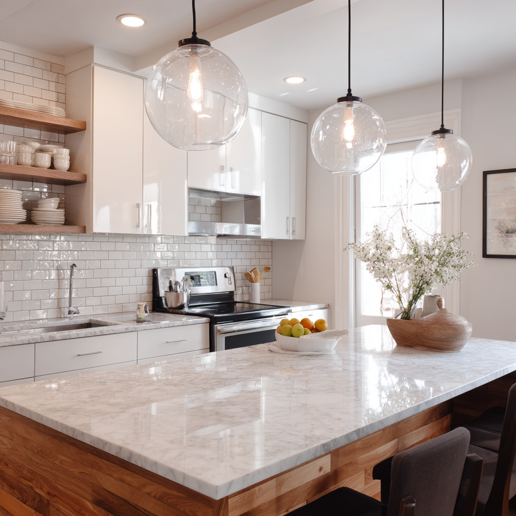 A bright, modern kitchen with white cabinetry, a marble waterfall island, clear glass pendant lights, open wood shelving, stainless steel appliances, subway tile backsplash, bar seating, and warm wood flooring lit by natural light.